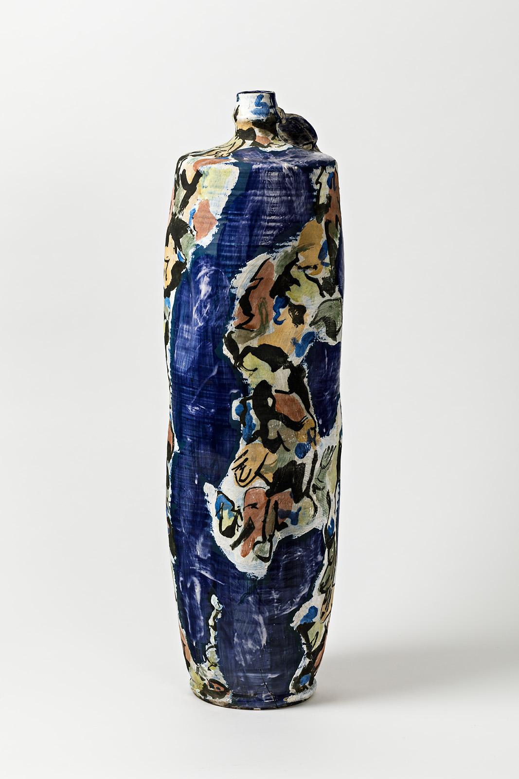 Beaux Arts Big Ceramic Jar with Glazes Decoration by Michel Lanos '1926-2005' For Sale