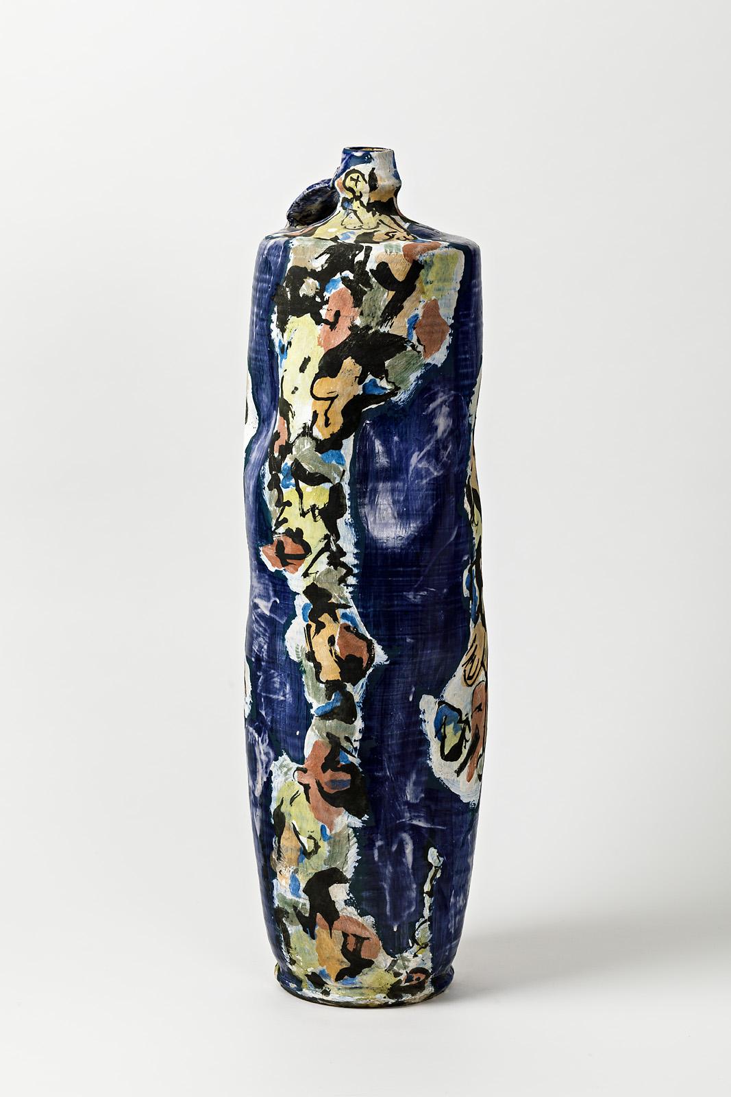 French Big Ceramic Jar with Glazes Decoration by Michel Lanos '1926-2005' For Sale