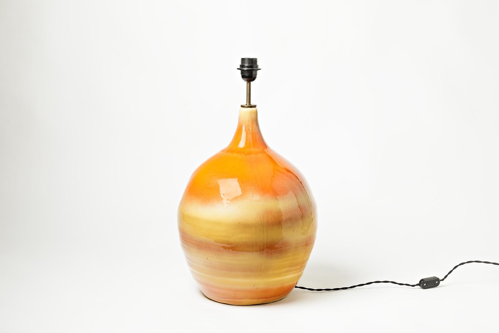 Beaux Arts Big Ceramic Lamp with Yellow and Orange Glazes Decoration, France, circa 1970 For Sale