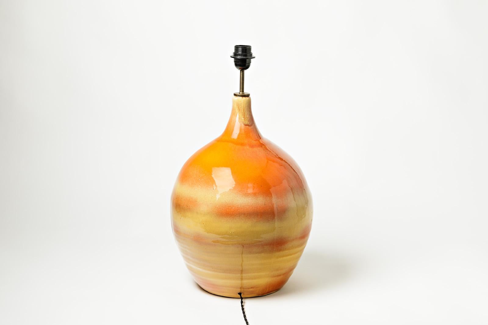 French Big Ceramic Lamp with Yellow and Orange Glazes Decoration, France, circa 1970 For Sale