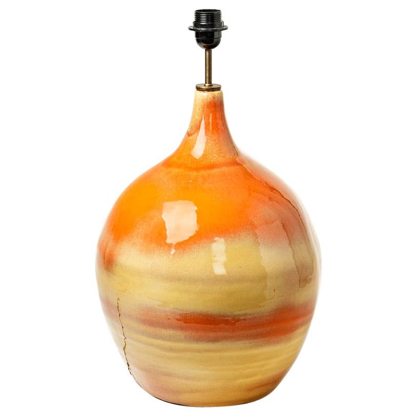 Big Ceramic Lamp with Yellow and Orange Glazes Decoration, France, circa 1970 For Sale