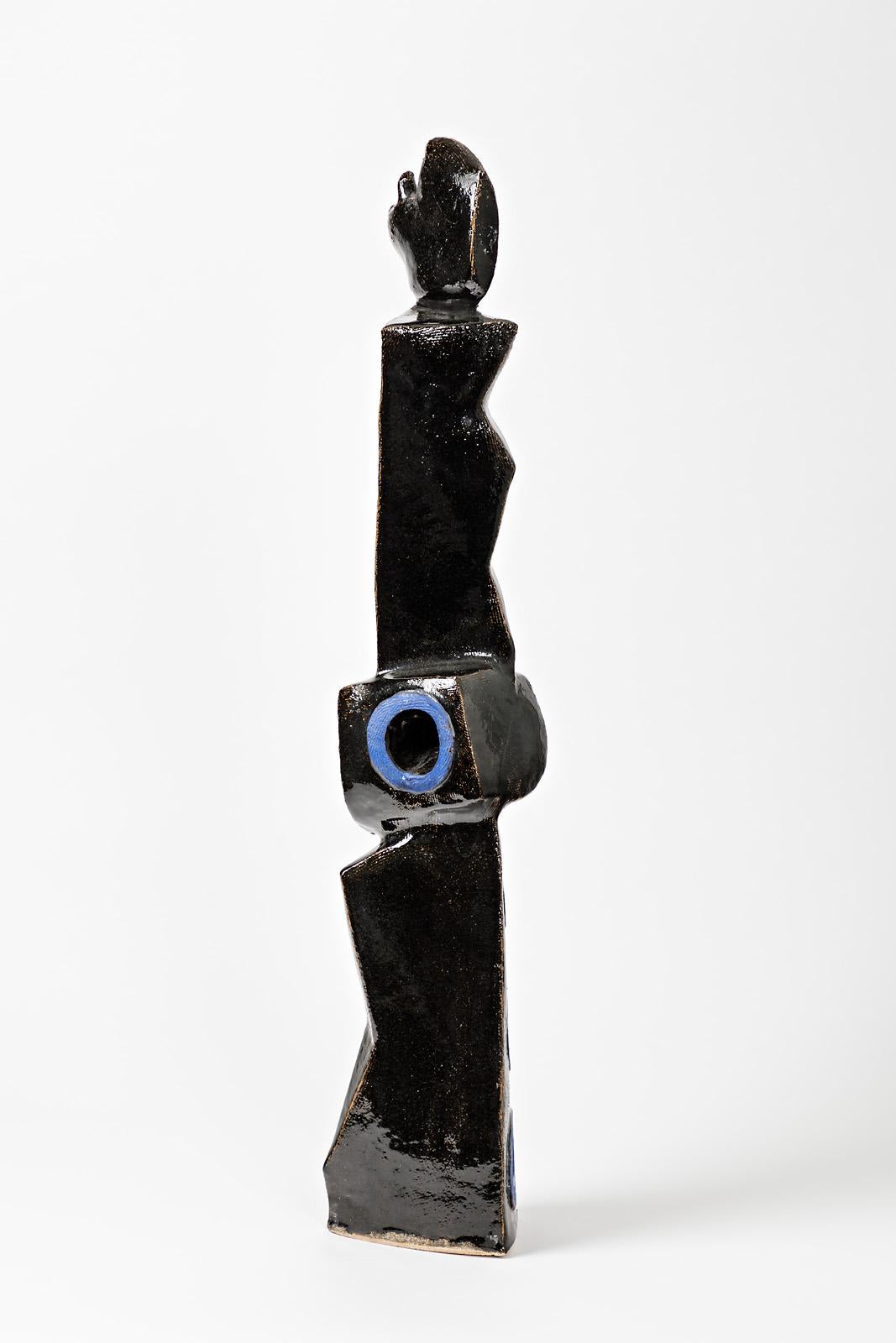 A big ceramic sculpture with black and blue glazes decoration by Michel Lanos (1926-2005).
Perfect original decorations.
Artist signature under the base,
circa 1990.
Unique piece.