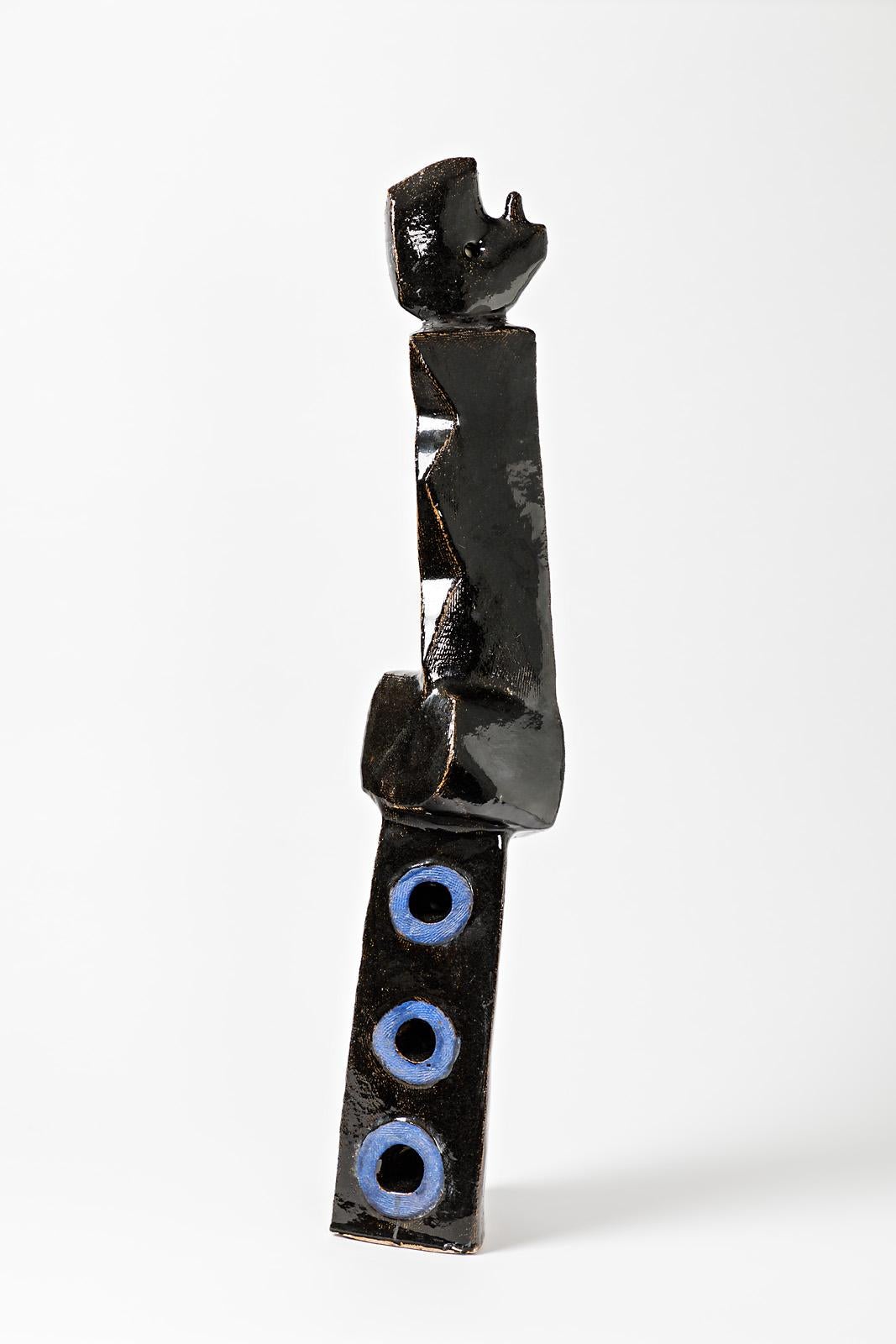 French Big Ceramic Sculpture with Black and Blue Glazes Decoration by Michel Lanos For Sale