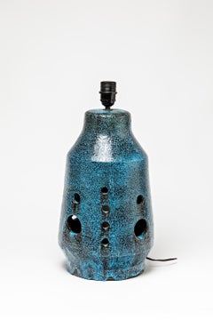 Big Ceramic Table Lamp with Blue Glaze Decoration, circa 1970