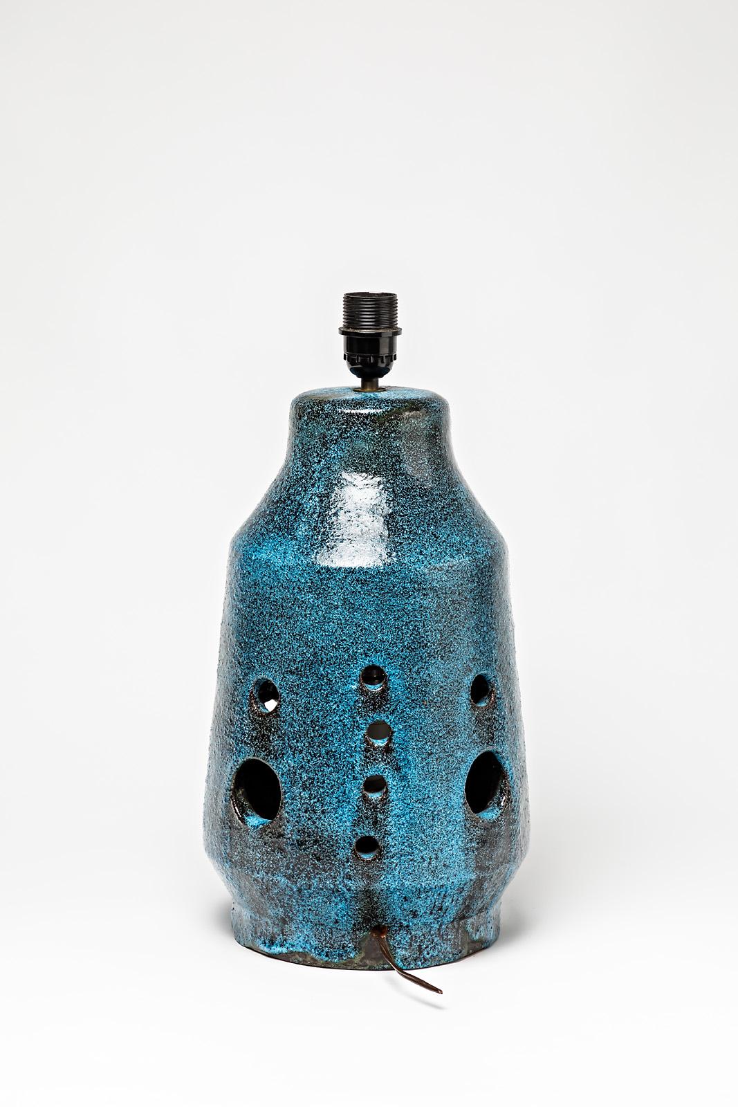 Große Keramik-Tischlampe mit blauem Glasurdekor, um 1970 (Beaux Arts) im Angebot