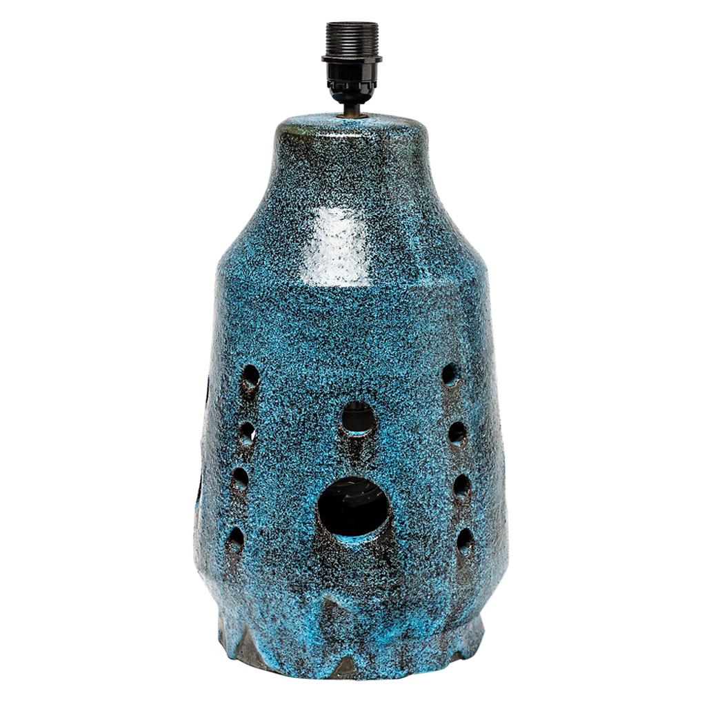 Big Ceramic Table Lamp with Blue Glaze Decoration, circa 1970