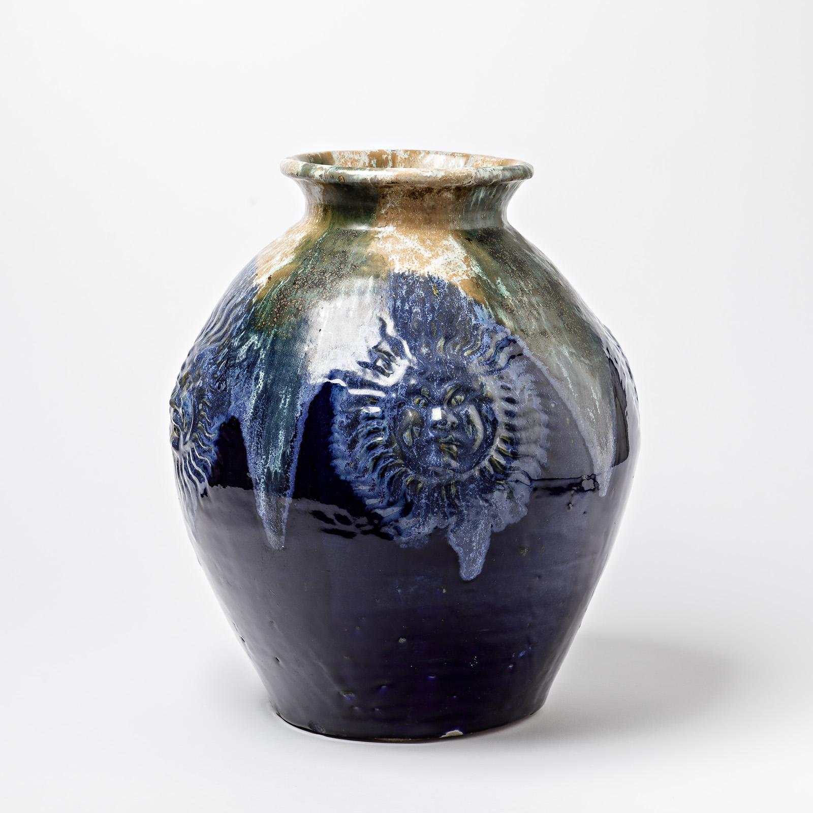 Beaux Arts Big Ceramic Vase with Blue Glazes Decoration by Lucien Arnaud, circa 1920 For Sale