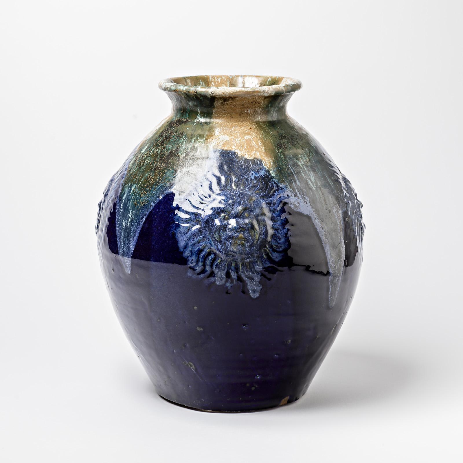 20th Century Big Ceramic Vase with Blue Glazes Decoration by Lucien Arnaud, circa 1920 For Sale