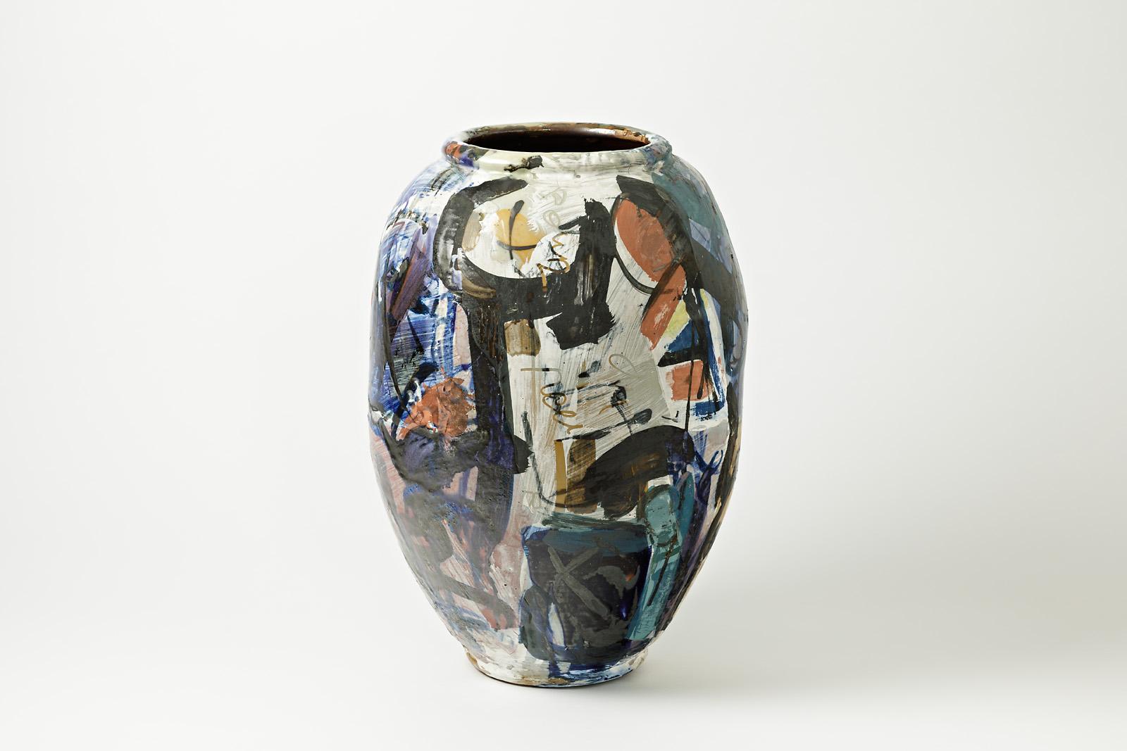 Eine große Keramikvase mit Glasurdekor von Michel Lanos (1926-2005).
Perfekte originelle Dekorationen.
Künstlermonogramm unter dem Sockel,
um 1990.
Einzigartiges Stück.
 