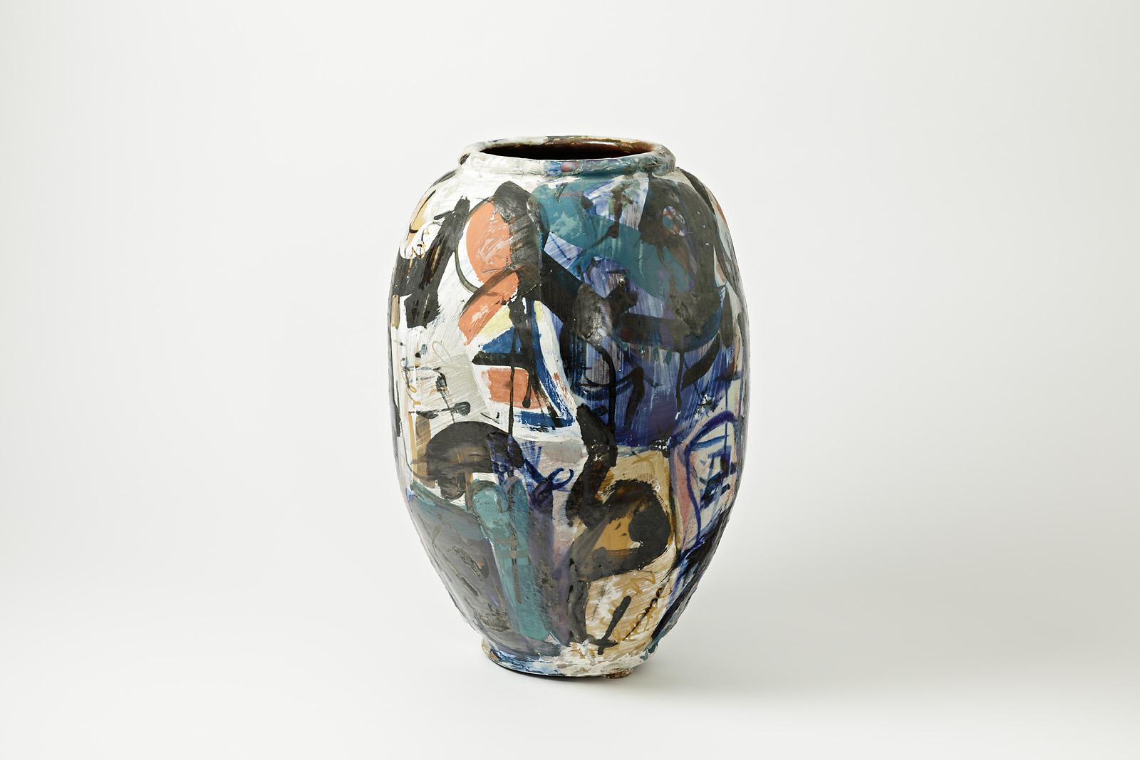 Beaux Arts Big Ceramic Vase with Glazes Decoration by Michel Lanos For Sale