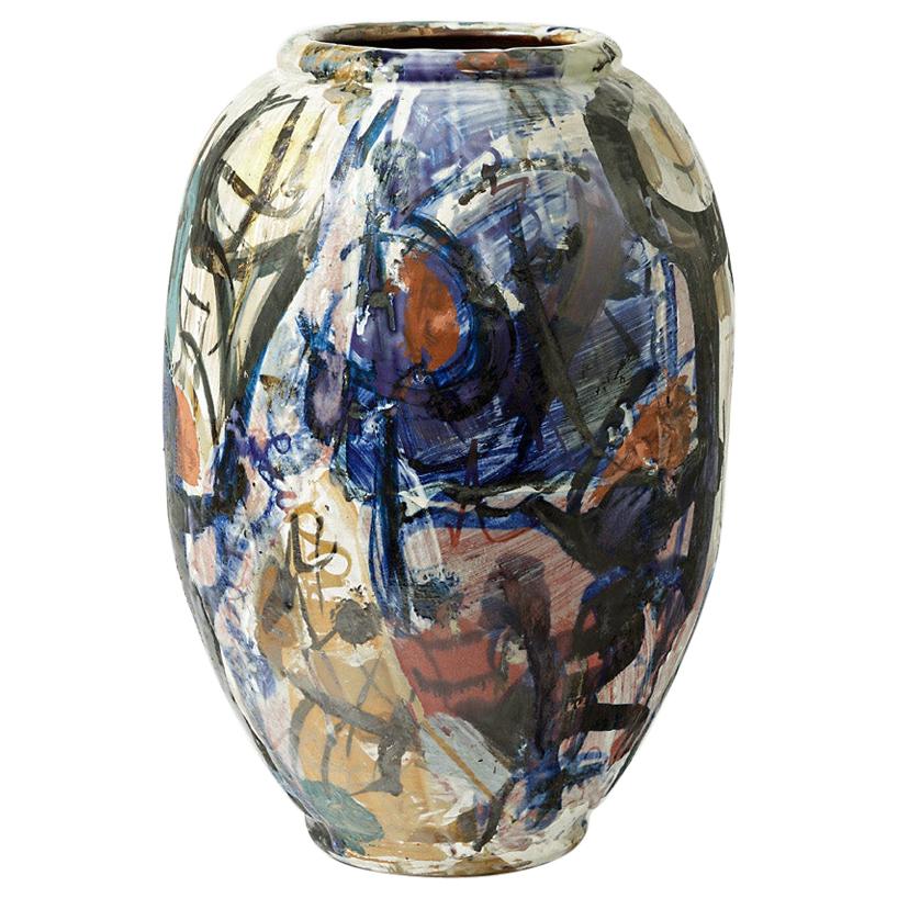 Big Ceramic Vase with Glazes Decoration by Michel Lanos For Sale