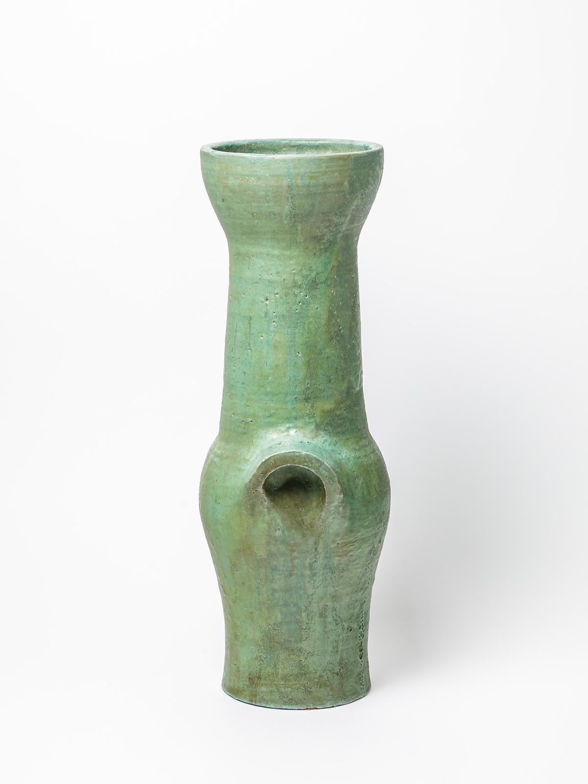 Beaux Arts Big Ceramic Vase with Green Glaze Decoration in the Style of Roger Capron For Sale