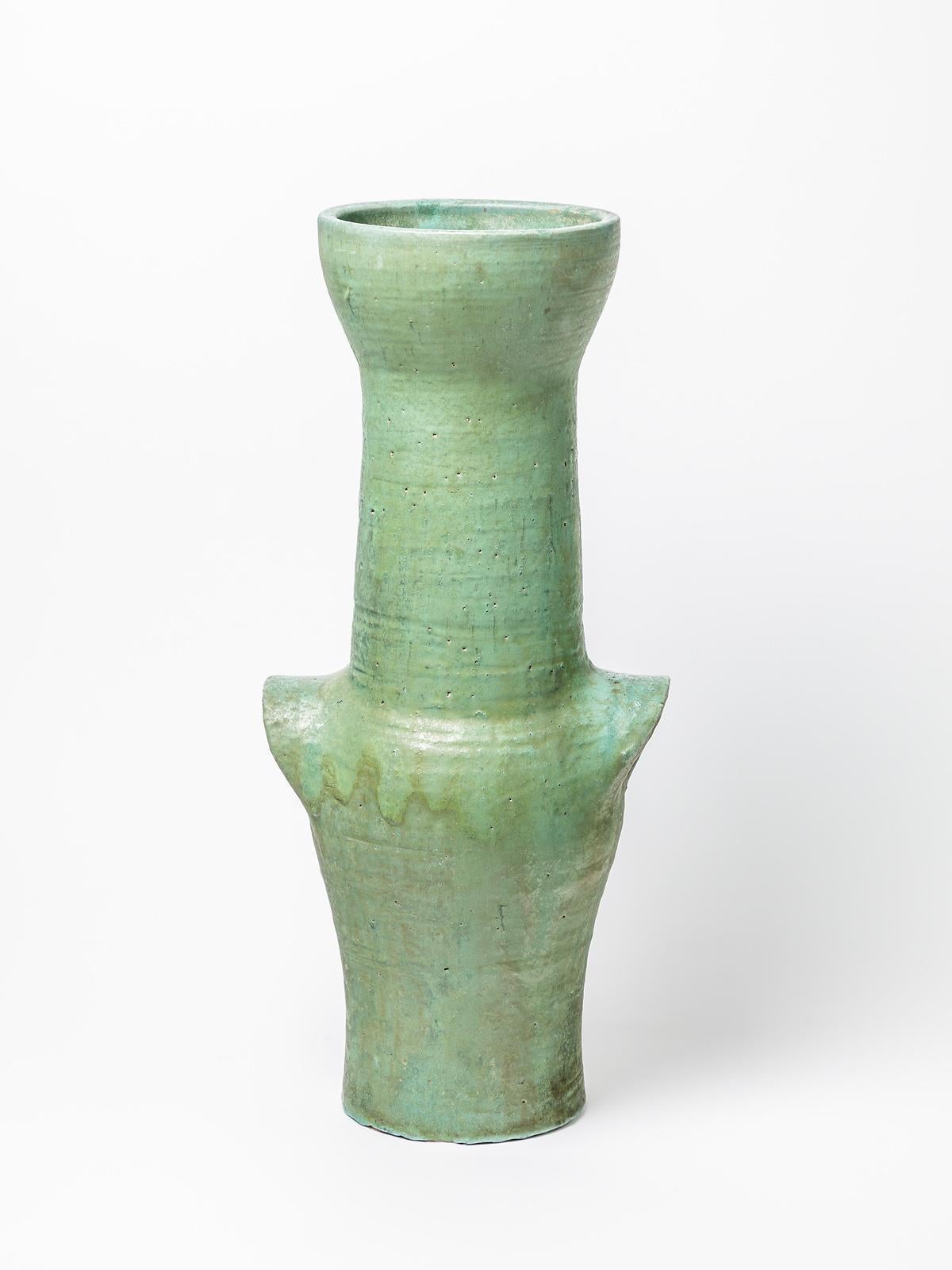 French Big Ceramic Vase with Green Glaze Decoration in the Style of Roger Capron For Sale