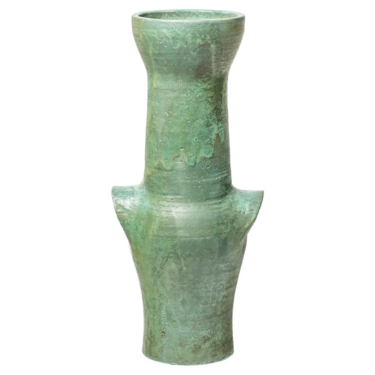 Big Ceramic Vase with Green Glaze Decoration in the Style of Roger Capron