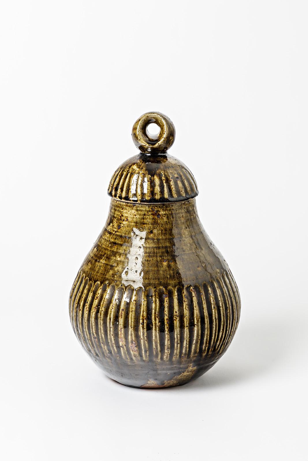 Beaux Arts Big Covered Ceramic Jar by Jean & Jacqueline Lerat, circa 1940 For Sale