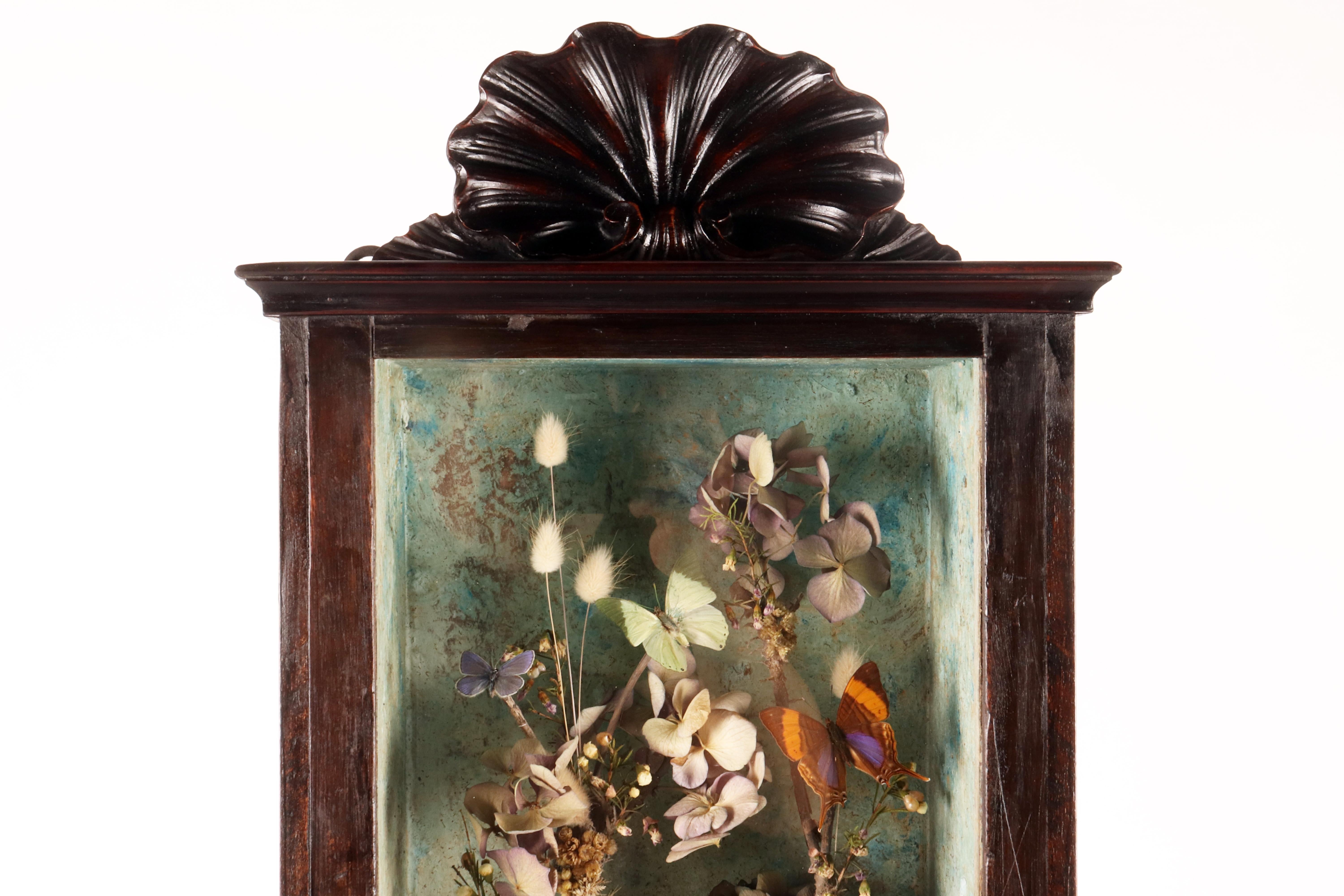 19th Century A big diorama with butterflies and flowers with a Memento Mori Italy 1850. For Sale