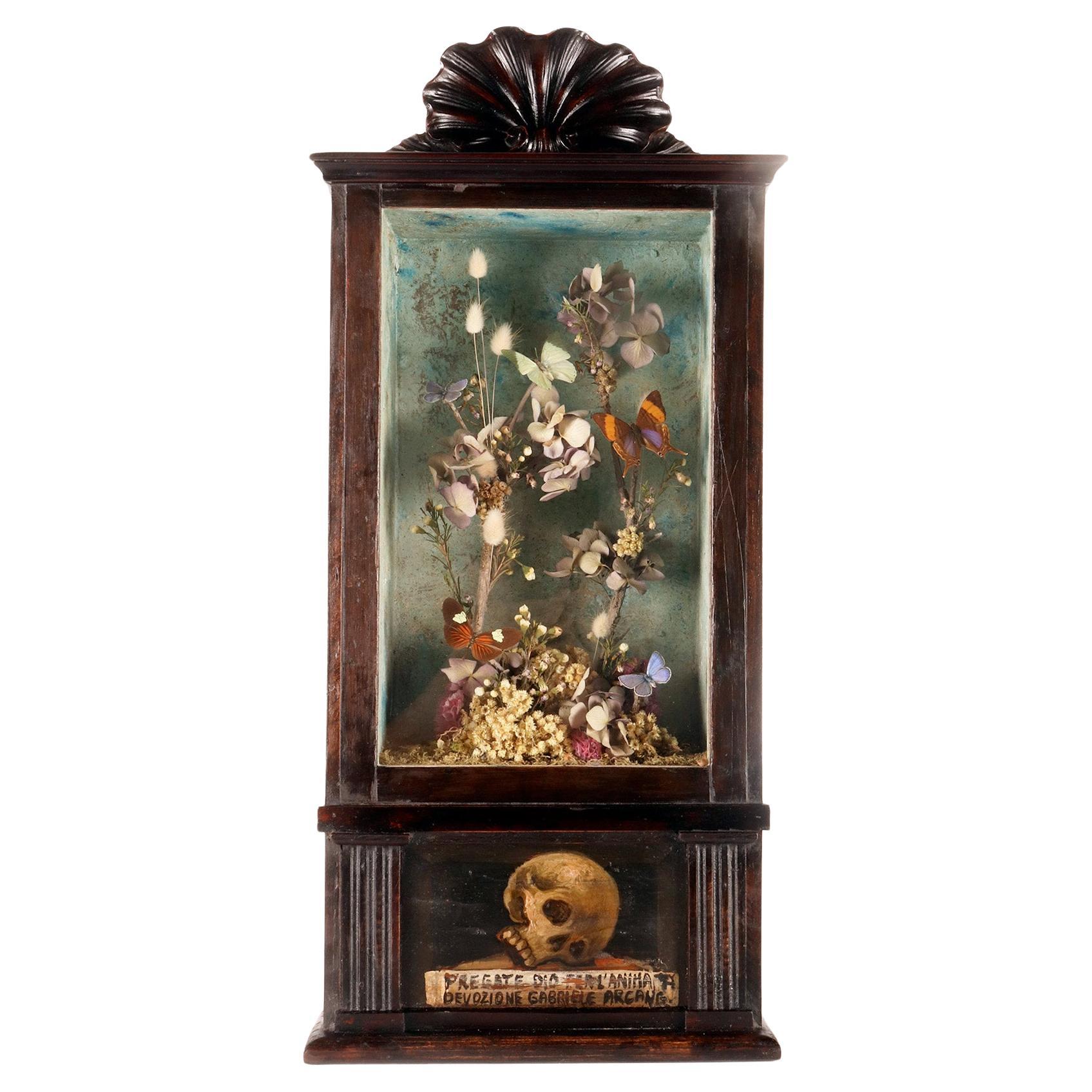 A big diorama with butterflies and flowers with a Memento Mori Italy 1850.