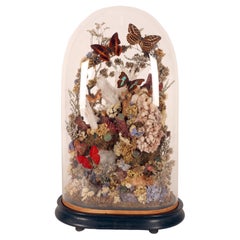 Antique A big diorama with crystals, butterflies and flowers, Italy 1870.
