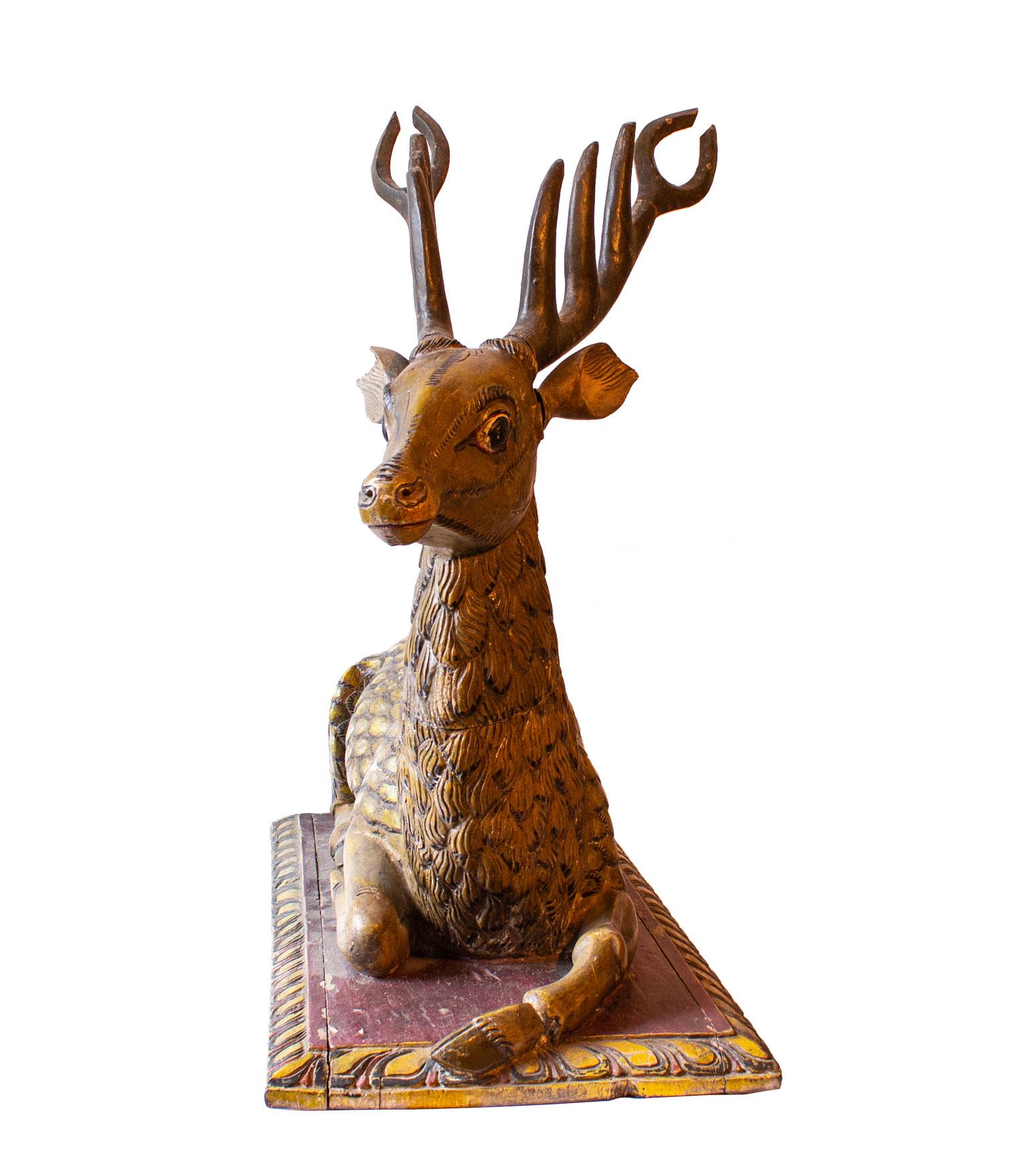 Arts and Crafts Big Hand Carved Painted Stag Sculpture in Wood, Early 1800th Century