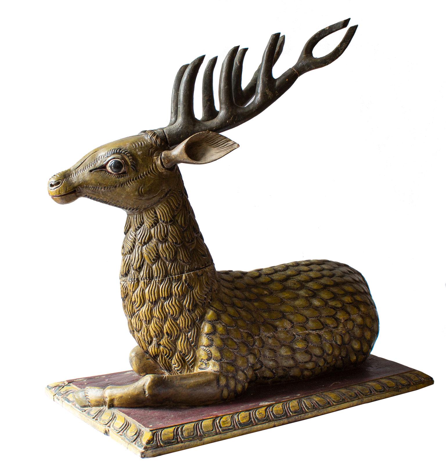 Swedish Big Hand Carved Painted Stag Sculpture in Wood, Early 1800th Century