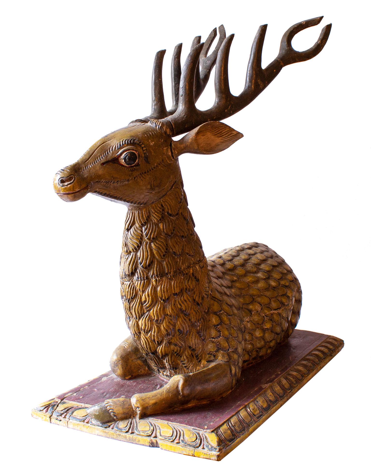 Hand-Carved Big Hand Carved Painted Stag Sculpture in Wood, Early 1800th Century
