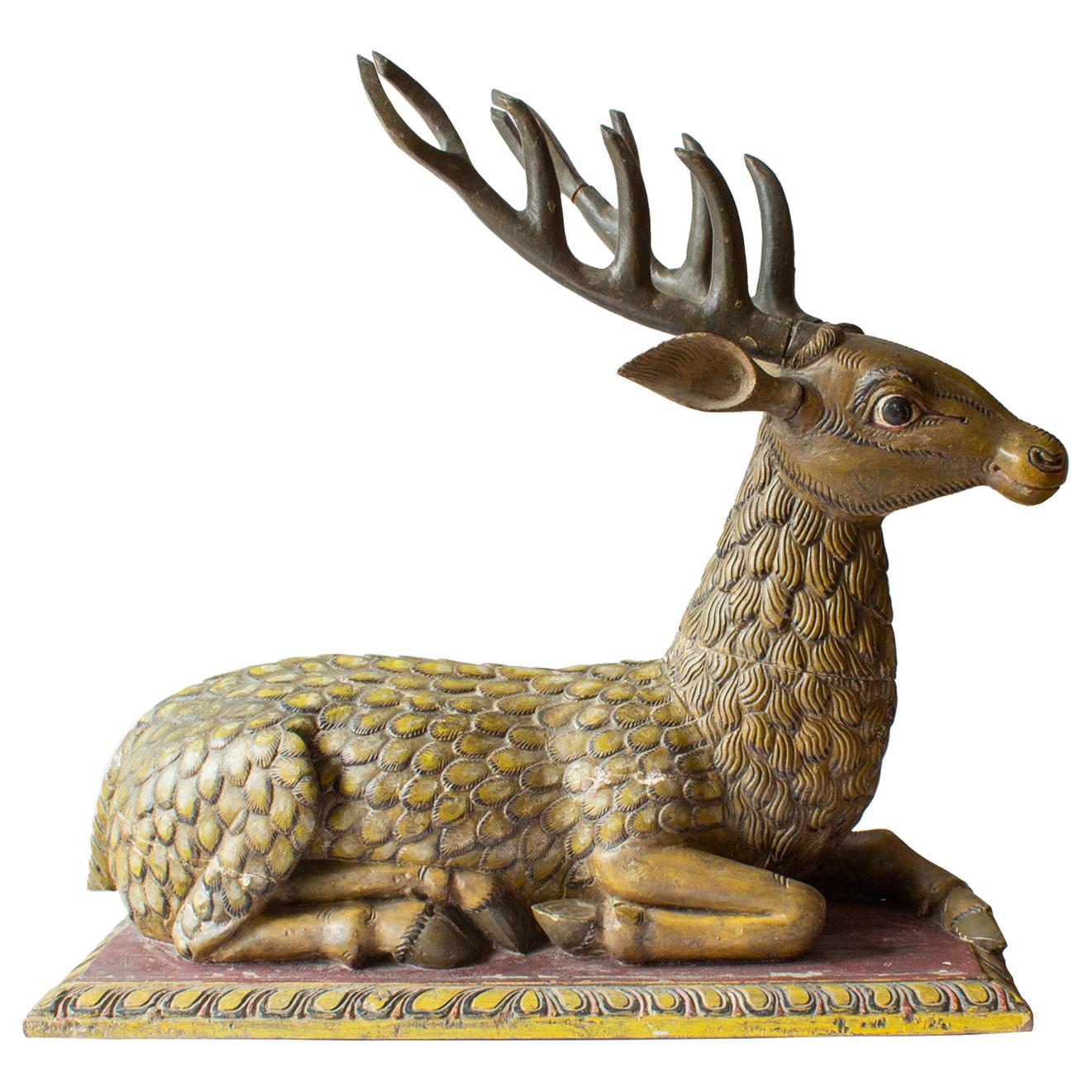 Big Hand Carved Painted Stag Sculpture in Wood, Early 1800th Century