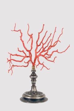 Une grande branche de corail rouge de Wunderkammer, base en argent, Italie 1820.