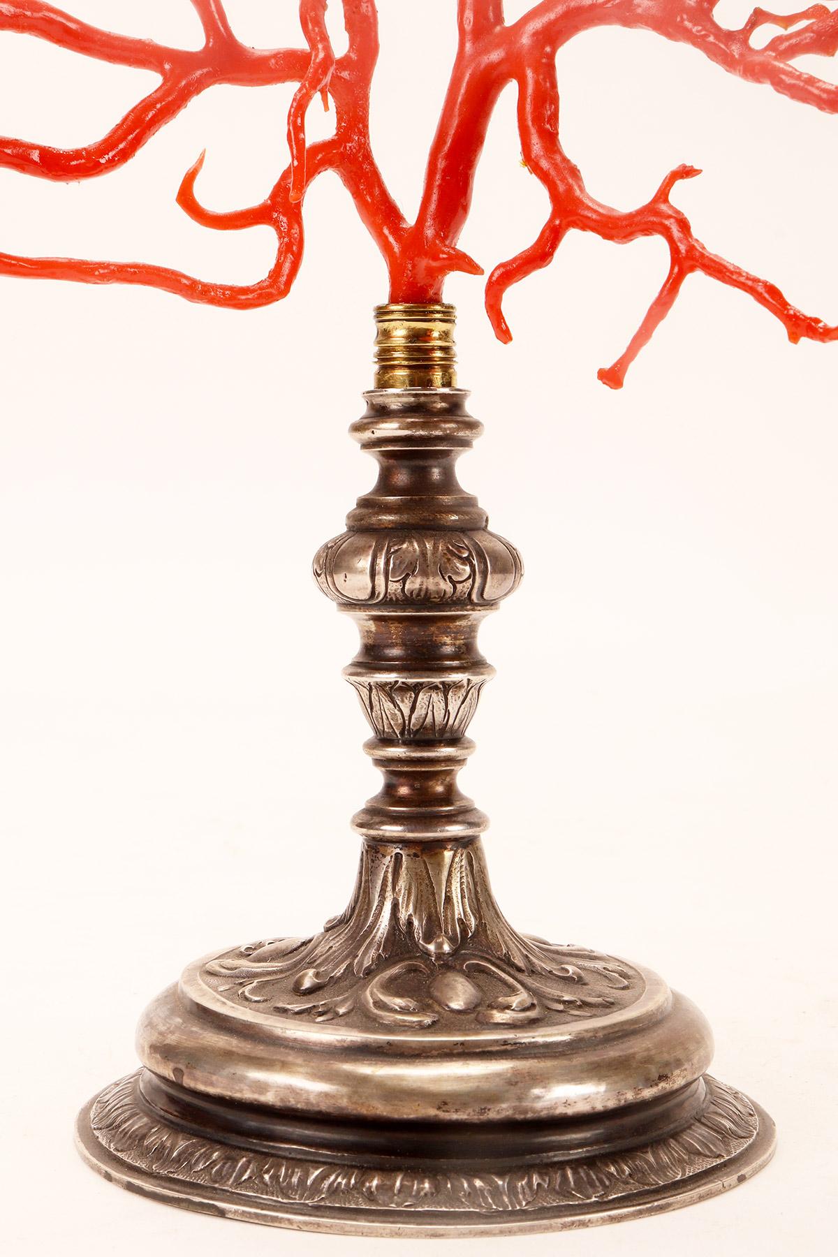 XIX secolo Un grande ramo di corallo rosso di Wunderkammer, base in argento, Italia 1820.