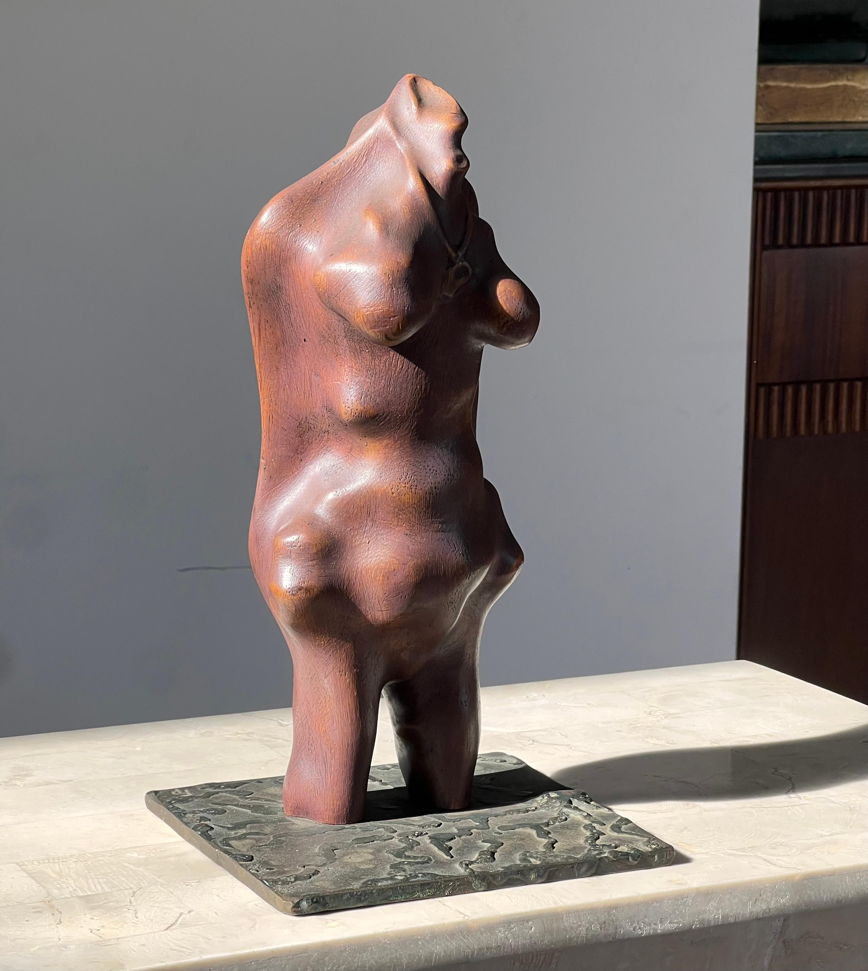 A biomorphic wood and iron sculpture of a woman, signed, mid 20th century For Sale 2