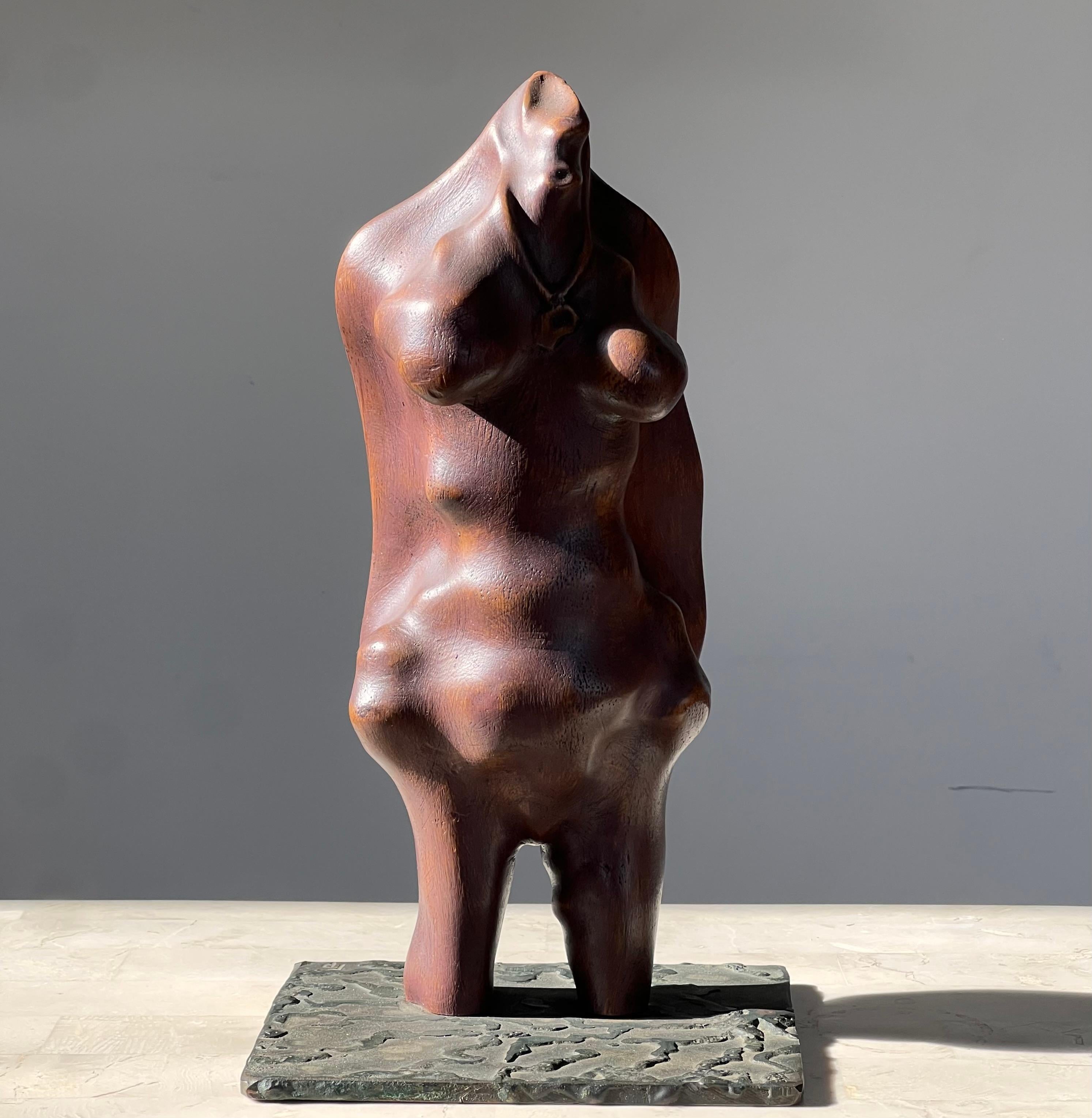 A biomorphic wood and iron sculpture of a woman, signed, mid 20th century For Sale 3