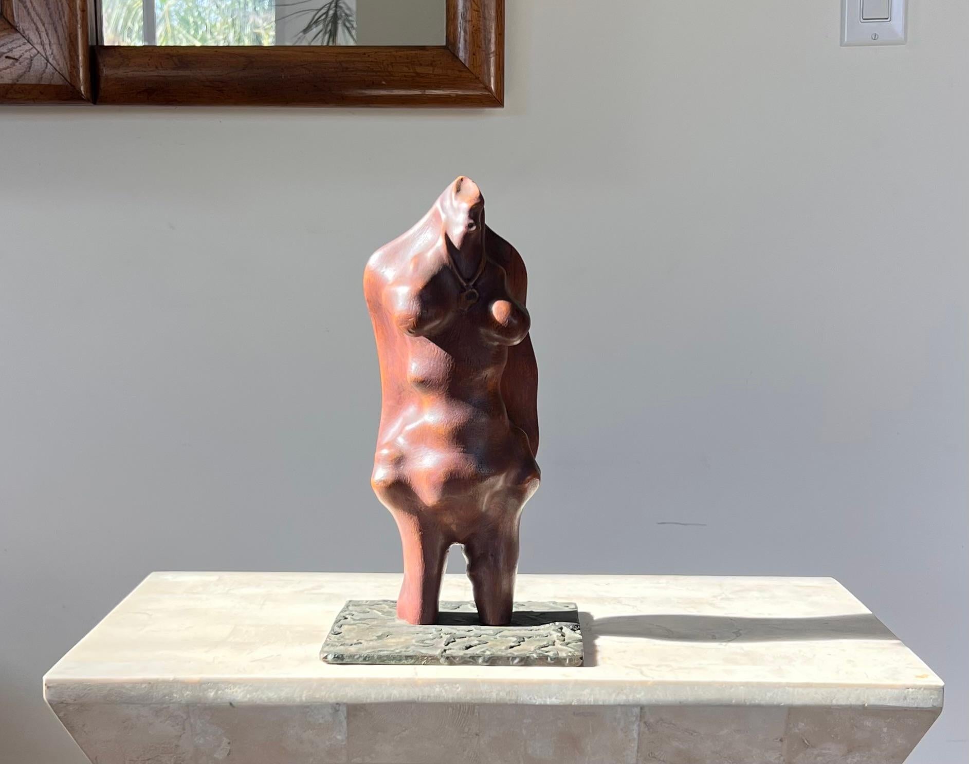 A biomorphic wood and iron sculpture of a woman, signed, mid 20th century For Sale 7