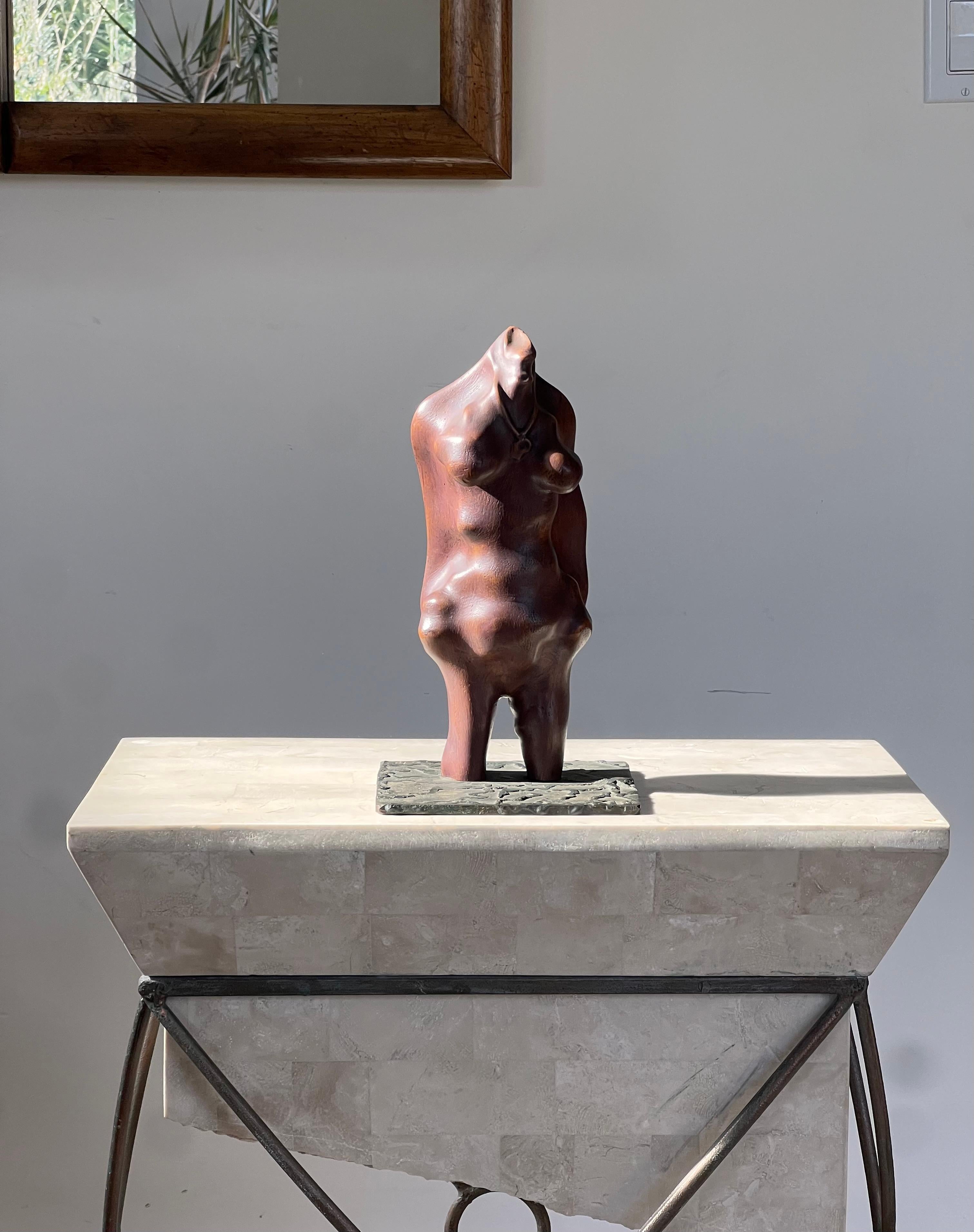 Mid-Century Modern A biomorphic wood and iron sculpture of a woman, signed, mid 20th century For Sale