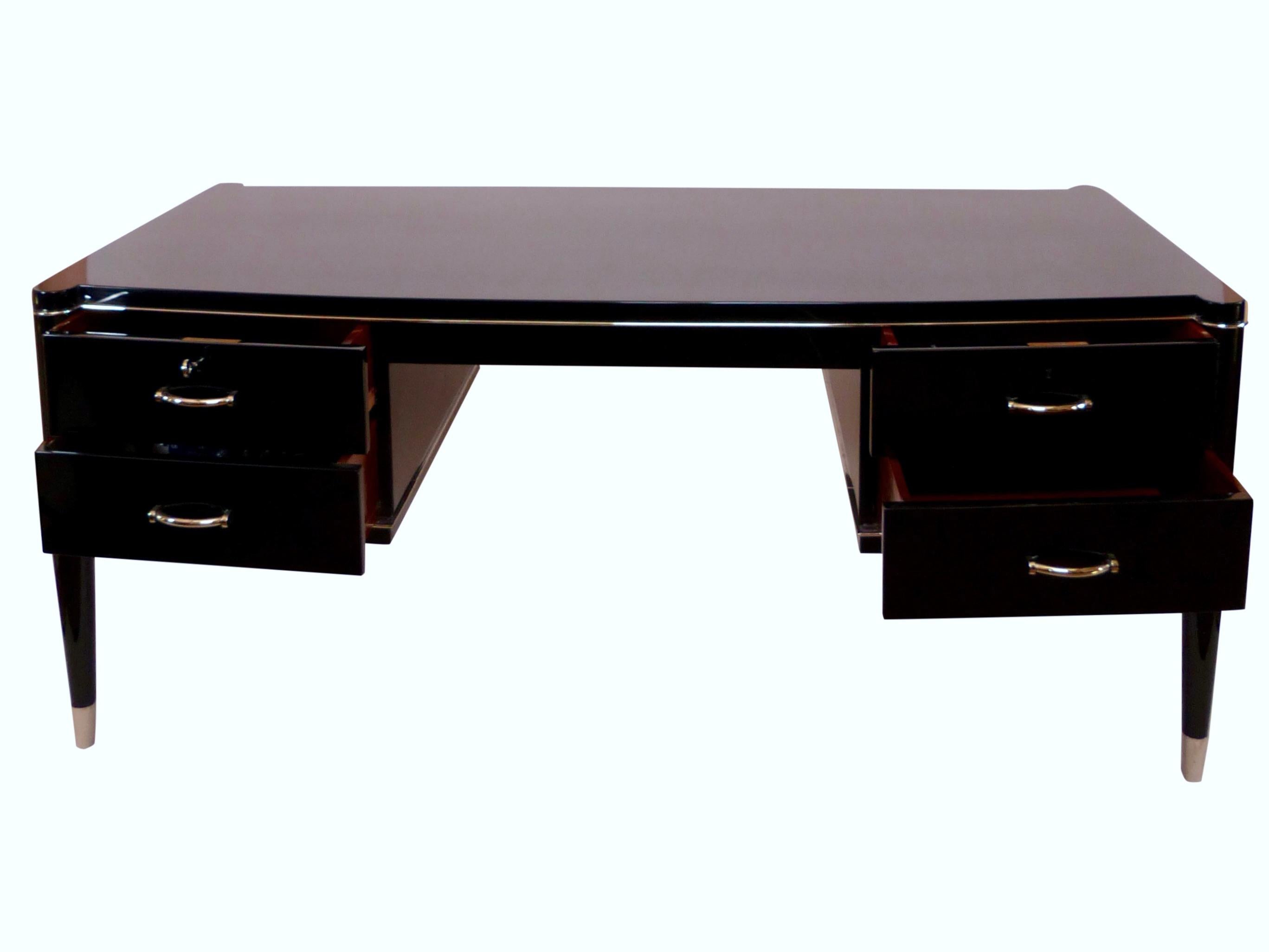 Desk from the Belgian Furniture Manufactory DeCoene Frères. 
Double Face desk for the boss on one side and the secretary on the other
Well known Art Déco Furniture, Belgium 1940s 

Fresh Black Piano Lacquer 
All Metal Applications ORIGINAL!!!