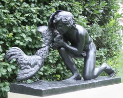 Black Bronze Figure of a Youth with a Pair of Roosters
