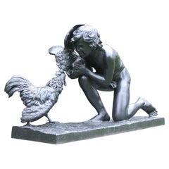 Black Bronze Figure of a Youth with a Pair of Roosters