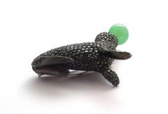 Black Diamond and Jade Bead Brooch in 18 Karat White Gold