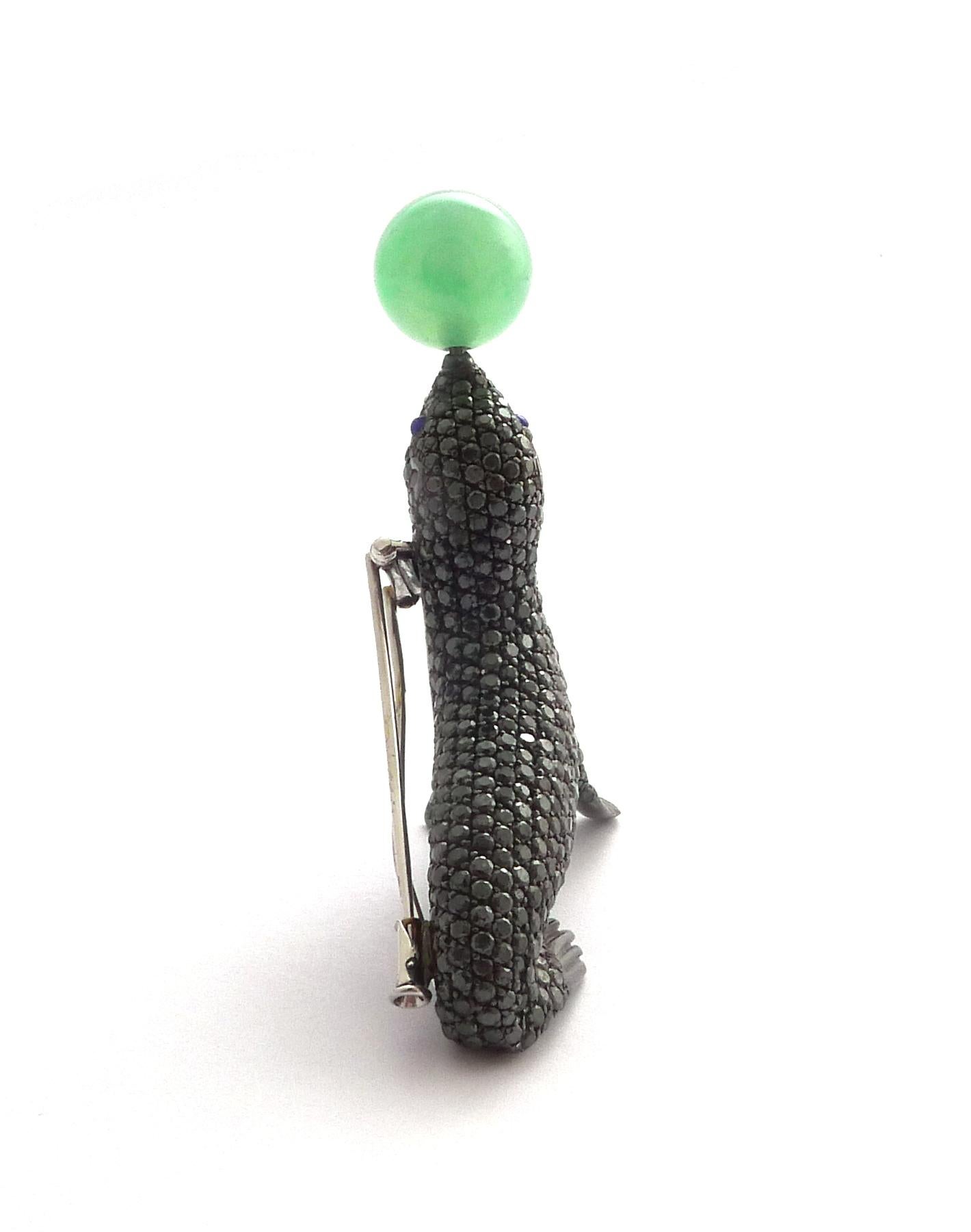 Contemporary Black Diamond and Jade Bead Brooch in 18 Karat White Gold For Sale