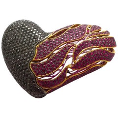 Black Diamond and Ruby Brooch Mounted in 18 Karat Yellow Gold