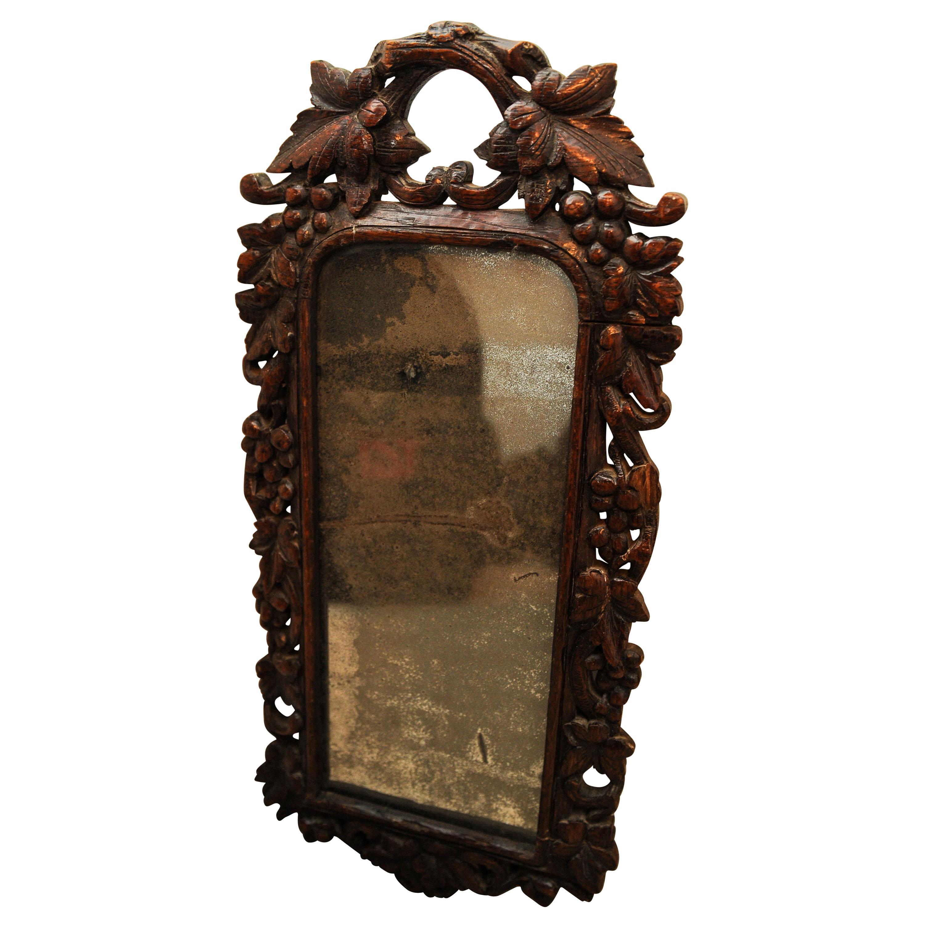 Black Forest 19th Century Oak, Hand Carved Hanging Wall Mirror with Foliage For Sale