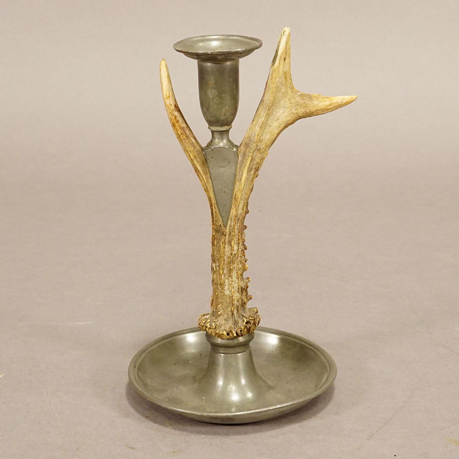 Rustic Black Forest Candle Holder with Pewter Base and Spout, Germany, circa 1860s For Sale