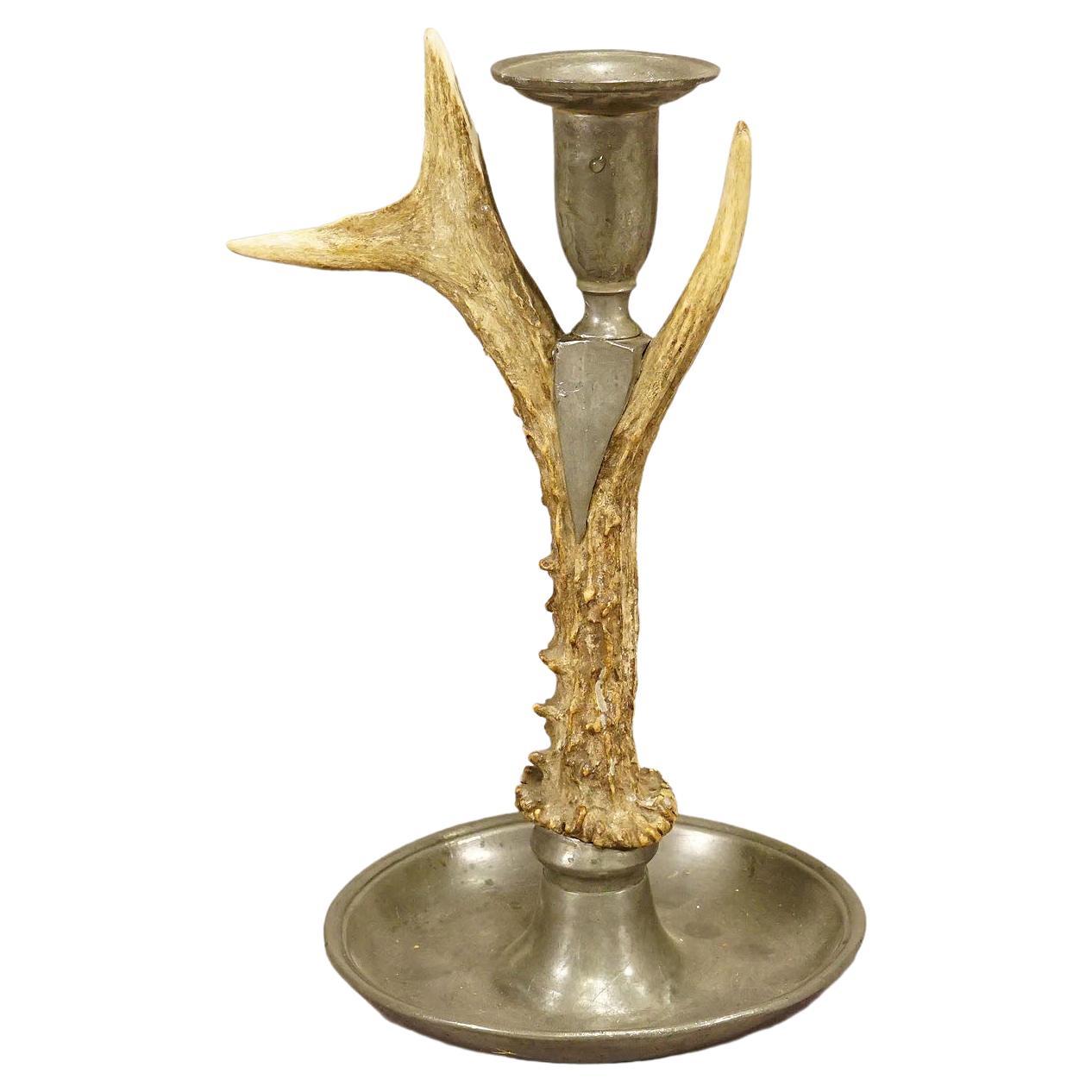 Black Forest Candle Holder with Pewter Base and Spout, Germany, circa 1860s For Sale