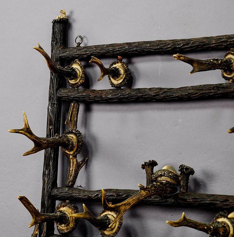 Black Forest Carved Coat Rack with Antler Carvings and 10 ...