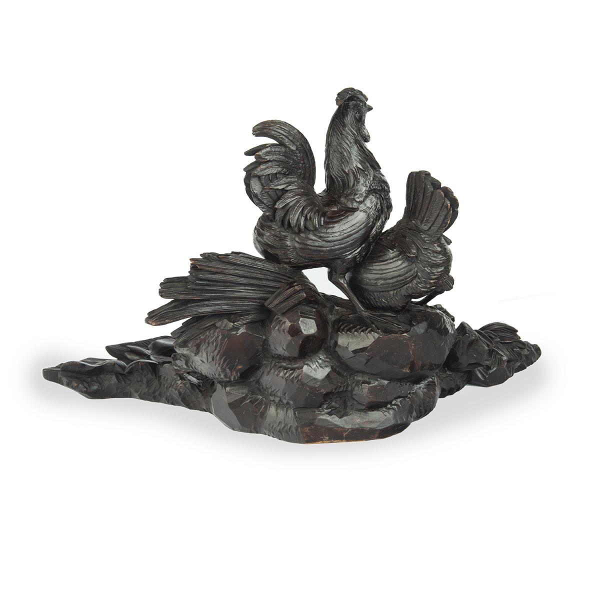 Swiss A Black Forest carved wood inkwell with wheat sheafs and poultry For Sale