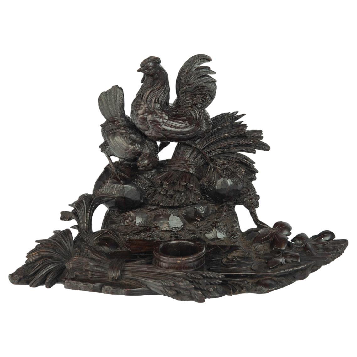 A Black Forest carved wood inkwell with wheat sheafs and poultry For Sale