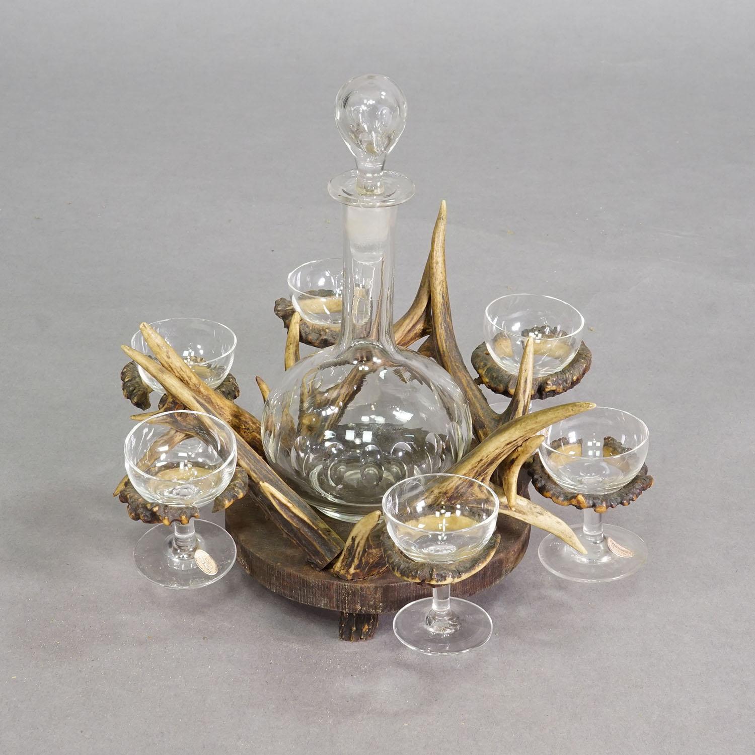 German A Black Forest Rustic Liqueur Set with Decanter and Six Glasses For Sale