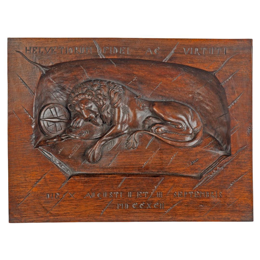 A ‘Black Forest’ walnut plaque of the “Lion of Lucerne”