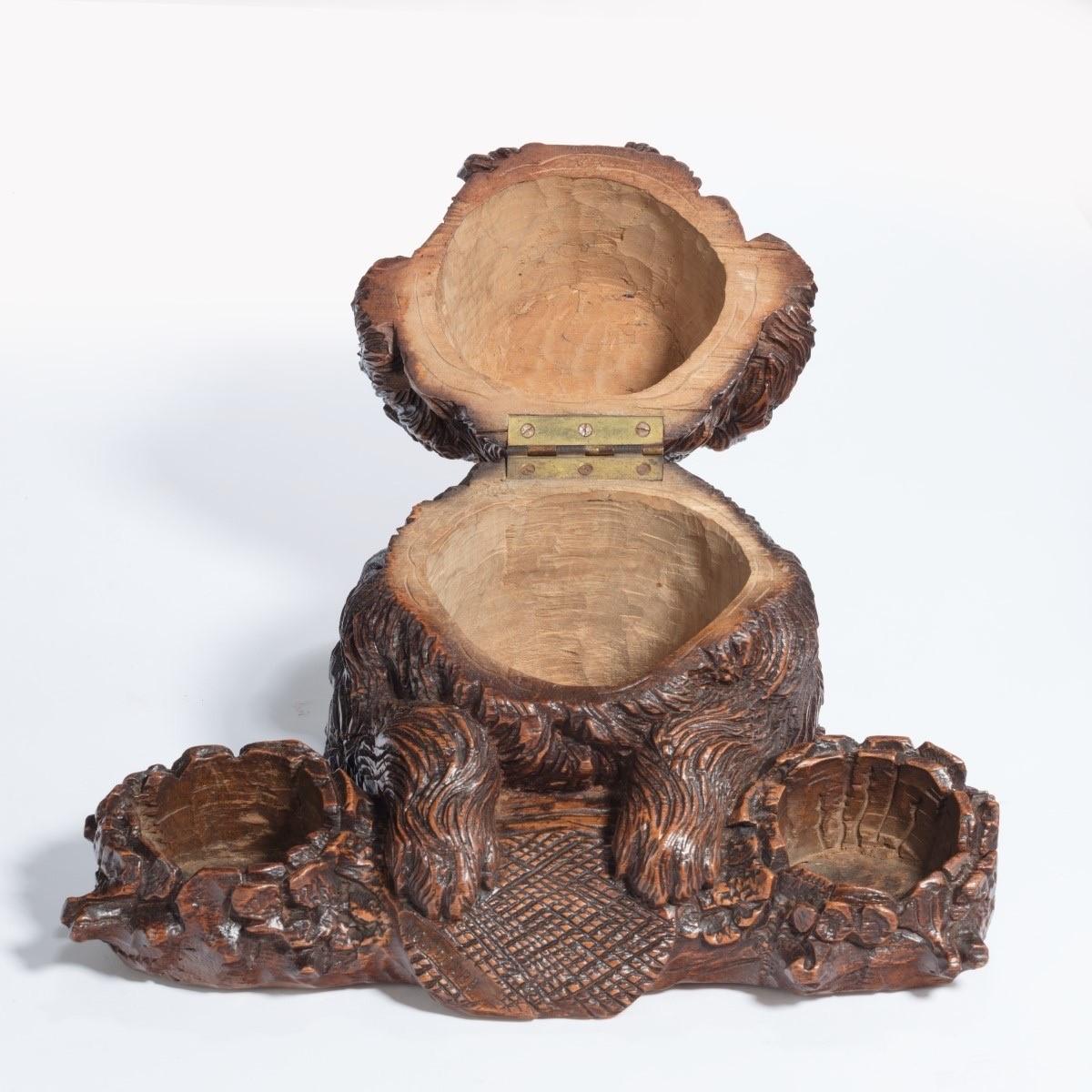 Swiss ‘Black Forest’ Walnut Tobacco Box in the Form of a Long-Haired Dog