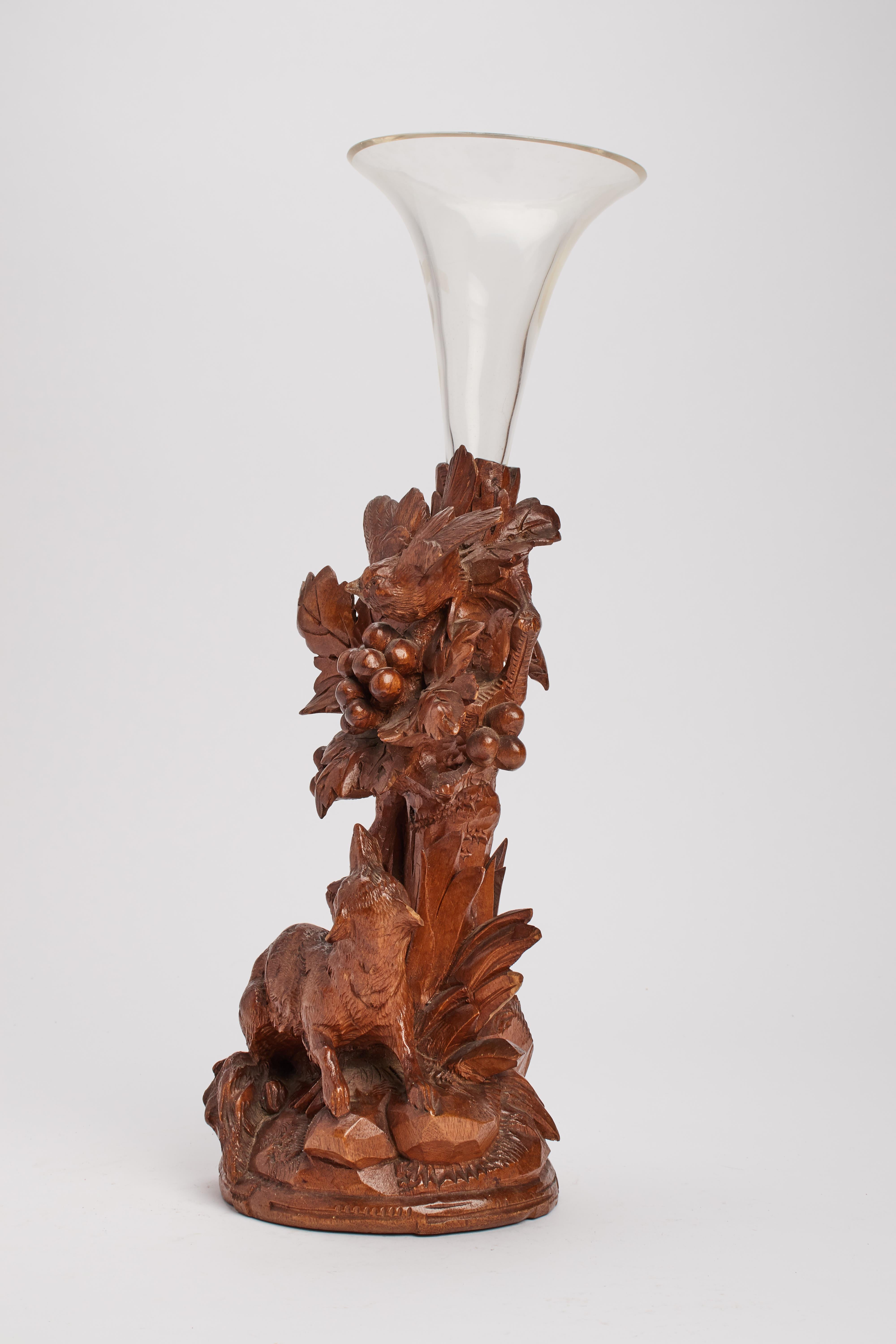 19th Century A black forrest wooden sculpture with fox and bird, with a vase, Germany 1880 For Sale