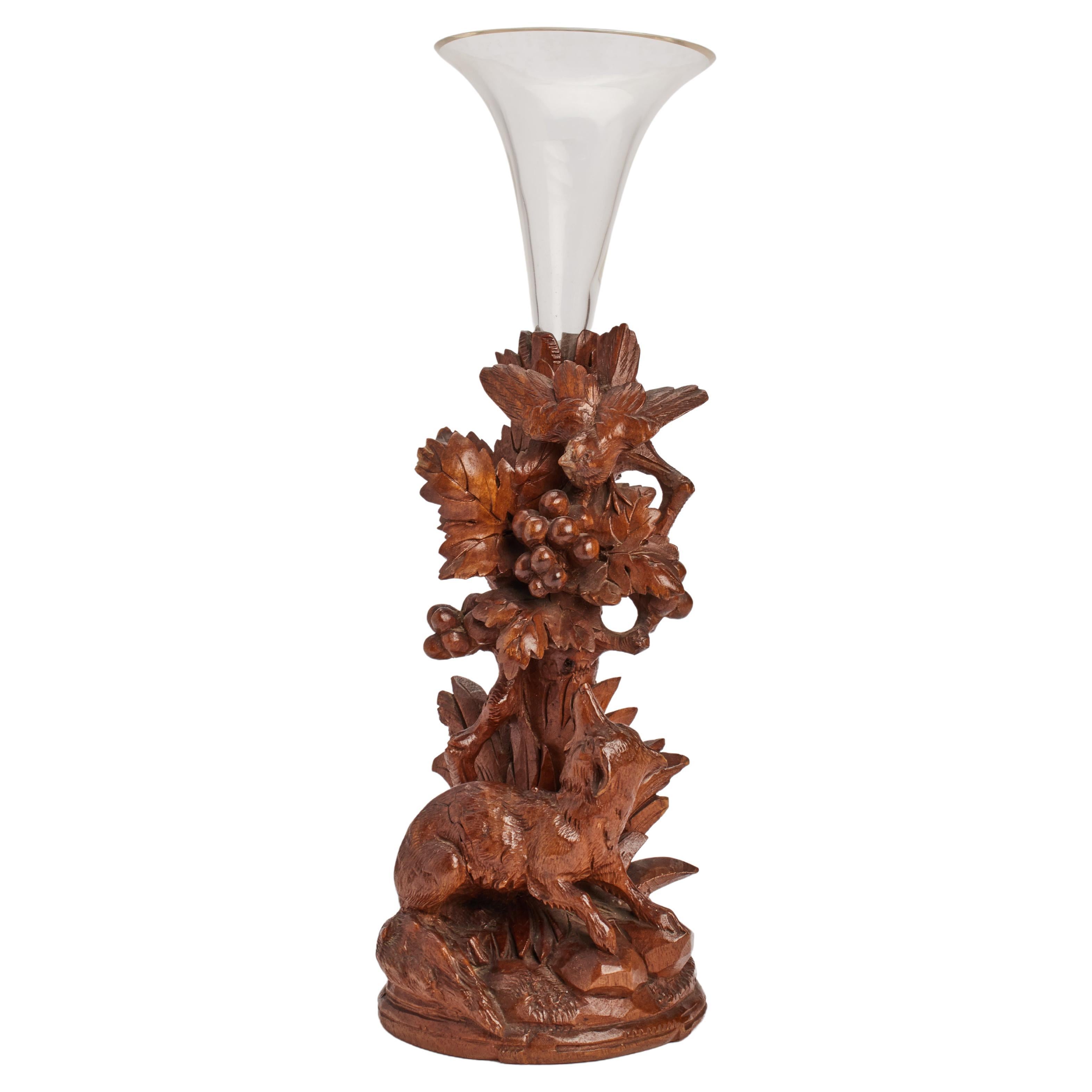 A black forrest wooden sculpture with fox and bird, with a vase, Germany 1880 For Sale