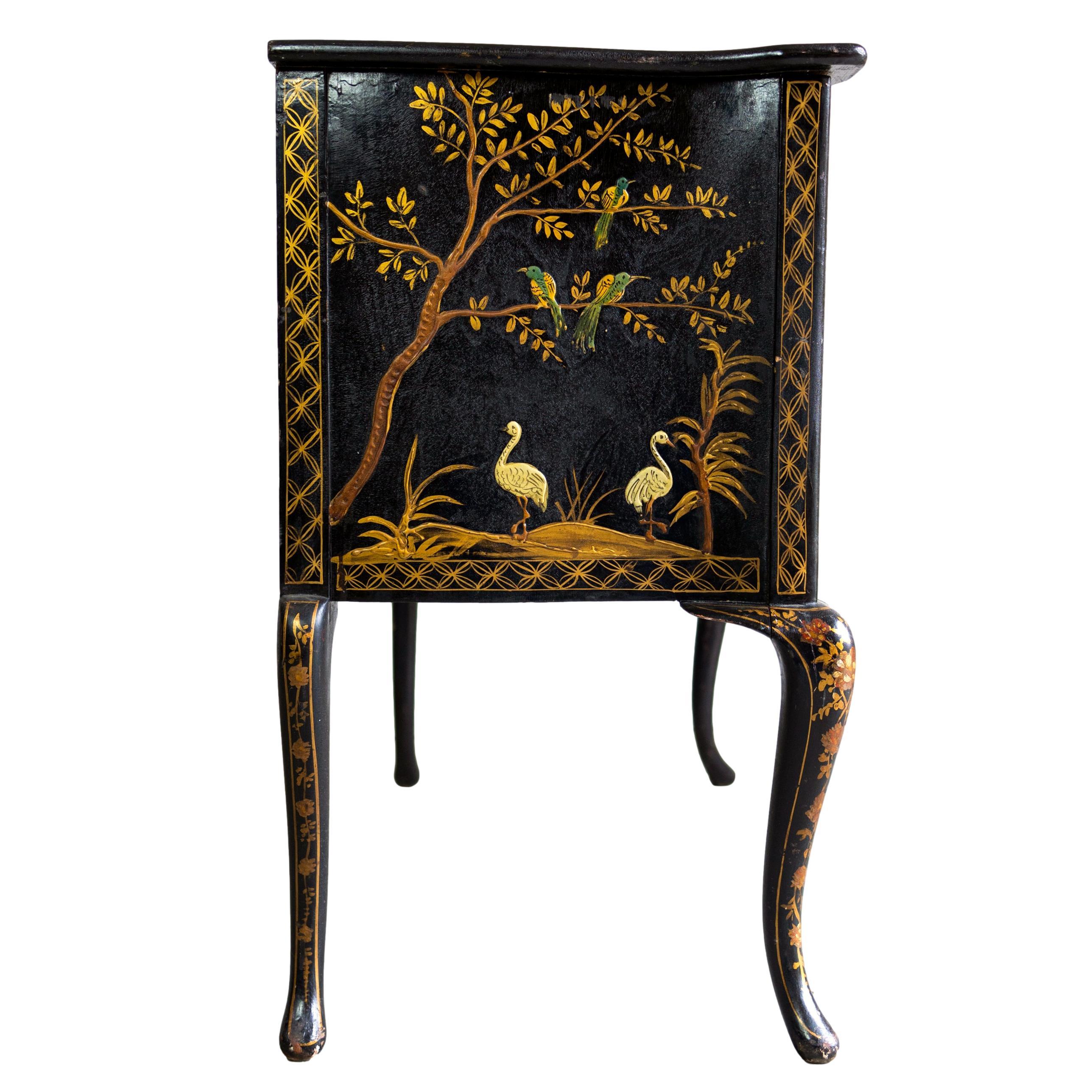 Regency Black Lacquered and Chinoiserie-Decorated Serpentine Cabinet, English, c. 1875